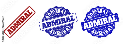 ADMIRAL grunge stamp seals in red and blue colors. Vector ADMIRAL signs with grunge texture. Graphic elements are rounded rectangles, rosettes, circles and text labels.