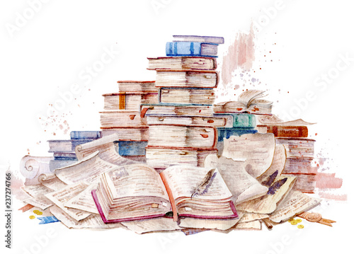Old book, watercolor illustration. Ancient folios. Manuscripts and scrolls. Open book. Handmade watercolors.