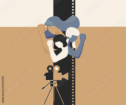 Girl power vector feminist illustration: Women in cinematography concept. Cinema film women retro poster. Girl power cinema.