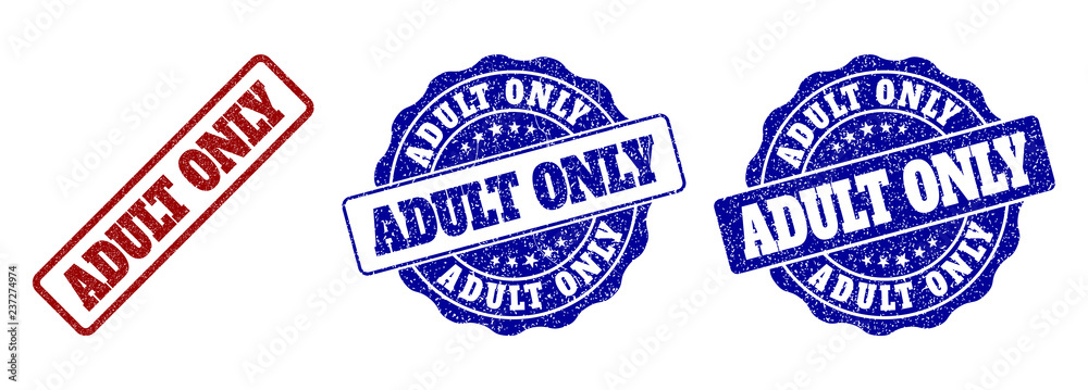 ADULT ONLY grunge stamp seals in red and blue colors. Vector ADULT ONLY labels with distress surface. Graphic elements are rounded rectangles, rosettes, circles and text titles.