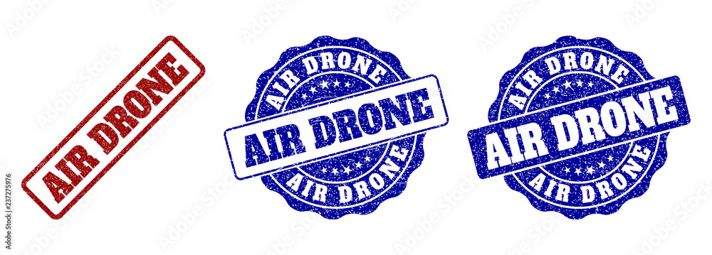 AIR DRONE grunge stamp seals in red and blue colors. Vector AIR DRONE watermarks with grunge effect. Graphic elements are rounded rectangles, rosettes, circles and text tags.