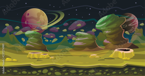 Fantasy space seamless game landscape. Science Fiction theme illustration. Green planet landscape background, with layers for parallax. 