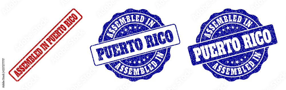 ASSEMBLED IN PUERTO RICO scratched stamp seals in red and blue colors. Vector ASSEMBLED IN PUERTO RICO labels with grunge surface. Graphic elements are rounded rectangles, rosettes, ASSEMBLED IN PUERTO RICO scratched stamp seals in red and blue colors. Vector ASSEMBLED IN PUERTO RICO labels with grunge surface. Graphic elements are rounded rectangles, rosettes,