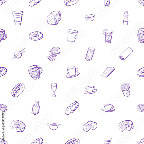 American food, Bakery products, Drinks and Japanese food set. Background for printing, design, web. Usable as icons. Seamless. Color.