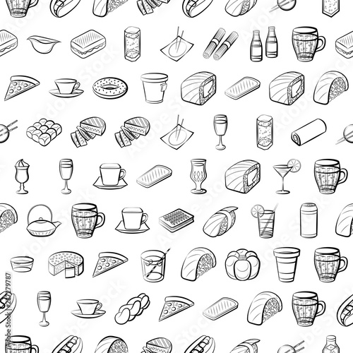 American food, Bakery products, Drinks and Japanese food set. Background for printing, design, web. Usable as icons. Seamless. Monochrome binary, black and white.