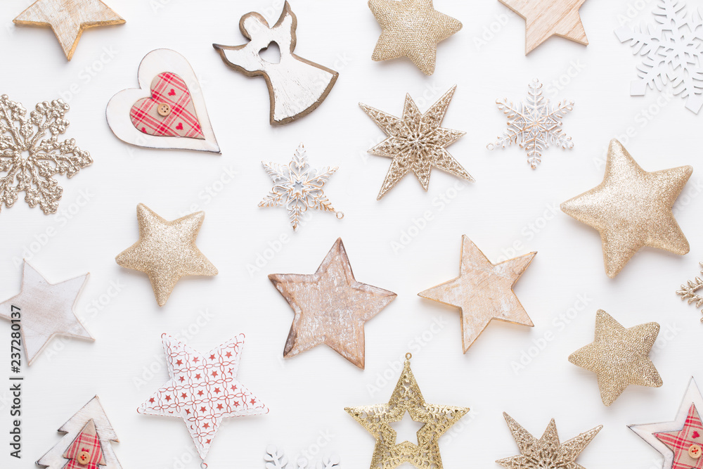 Christmas composition. Christmas decorations on white background. Flat lay, top view. Christmas composition. Christmas decorations on white background. Flat lay, top view.