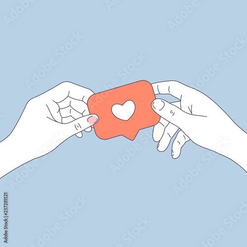 Couple hands holding social media symbol like. Valentines's day greeting card. Vector illustration
