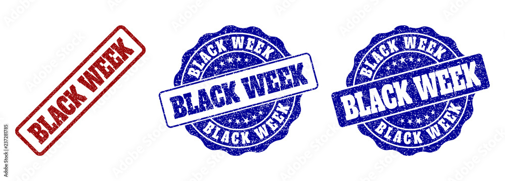 BLACK WEEK scratched stamp seals in red and blue colors. Vector BLACK WEEK overlays with draft surface. Graphic elements are rounded rectangles, rosettes, circles and text labels.