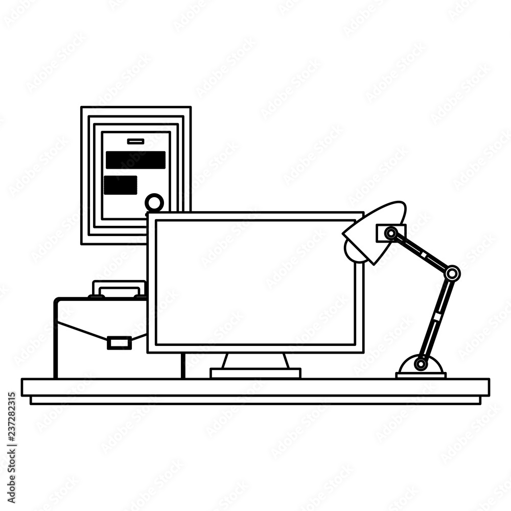 Fototapeta premium Office desk with computer black and white