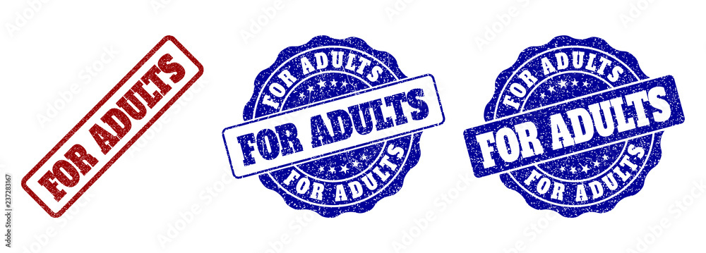 Obraz premium FOR ADULTS grunge stamp seals in red and blue colors. Vector FOR ADULTS signs with distress effect. Graphic elements are rounded rectangles, rosettes, circles and text captions.
