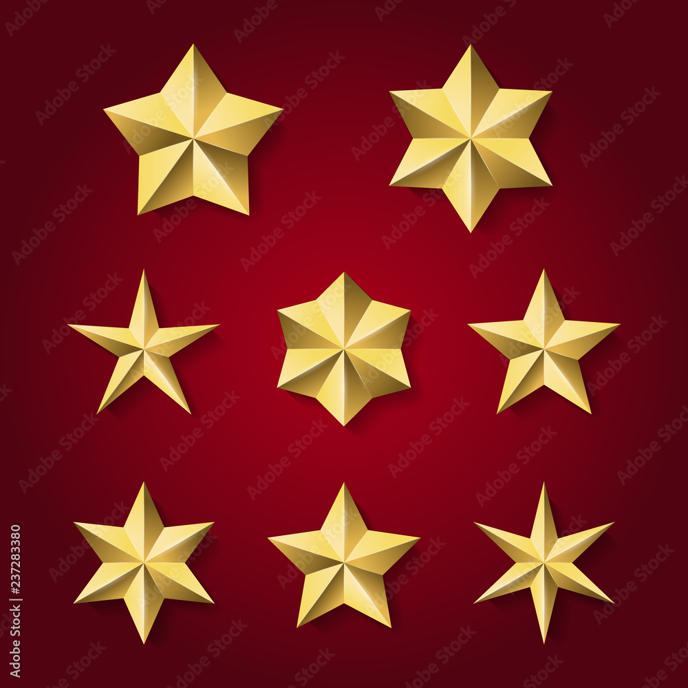 vector set of realistic golden stars on red background vector set of realistic golden stars on red background
