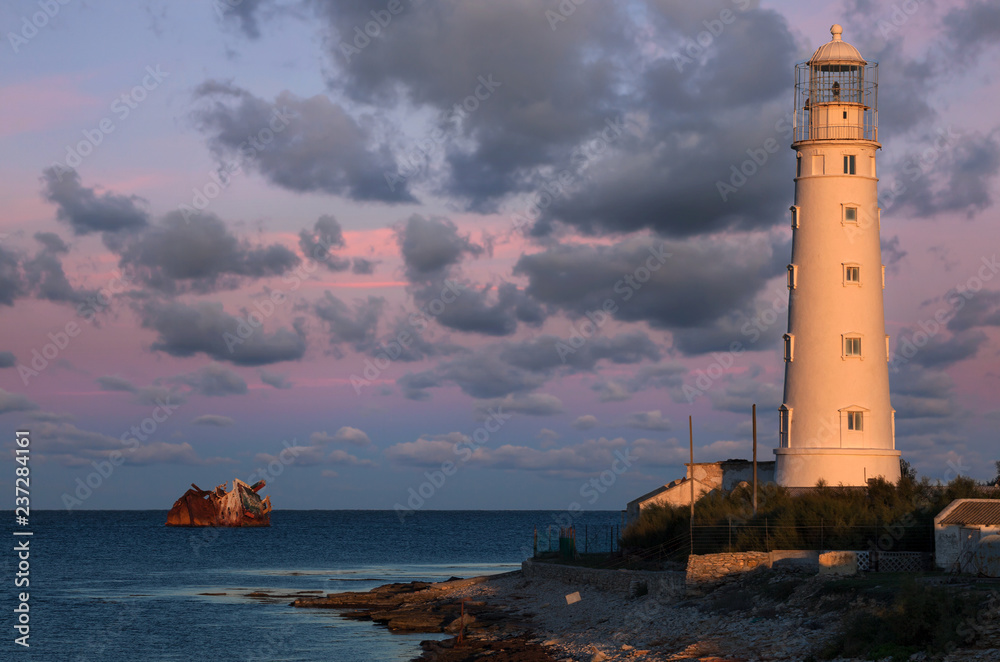 Cape Tarkhankut lighthouse in the early morning, Crimea