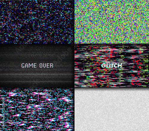Glitch Texture pixel noise. Test TV Screen Digital VHS Background. Set of Error Computer Video. Abstract black Damage. Magic Vintage retro poster for Game 8 bit.
