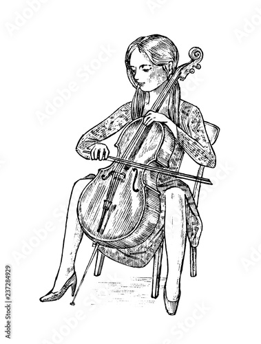 Young woman musician plays the cello on the classical instrument. Vintage style music concept. Engraved hand drawn monochrome sketch.
