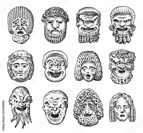 Antique scary masks. Ancient greek theatrical abstract faces. Japanese demon, Old man and young woman. Vintage style. Engraved hand drawn sketch.