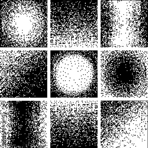 Set of Pixel gradient, Monochrome background, abstract mosaic, black white halftone shade. Vector illustration noise for website or poster.