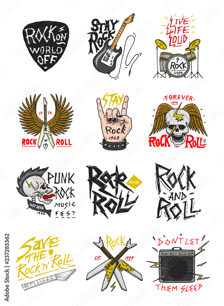 Set of Rock and Roll music symbols with Guitar Wings Skull, Drums ...