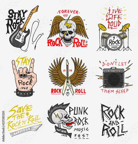 Set of Rock and Roll music symbols with Guitar Wings Skull, Drums Plectrum. labels, logos. Heavy metal templates for design t-shirt, night party and festival. Hand drawn. Engraved sketch.