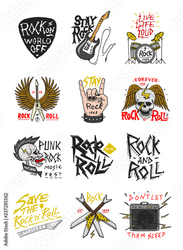 Set of Rock and Roll music symbols with Guitar Wings Skull, Drums Plectrum. labels, logos. Heavy metal templates for design t-shirt, night party and festival. Hand drawn. Engraved sketch.