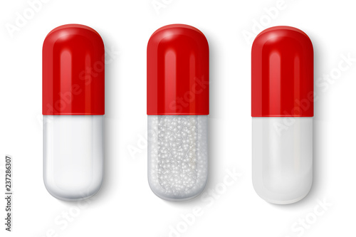 Vector 3d Realistic Red and Transparent Medical Pill Icon Set Closeup Isolated on White Background. Design template of Pills, Capsules for graphics, Mockup. Medical and Healthcare Concept. Top View