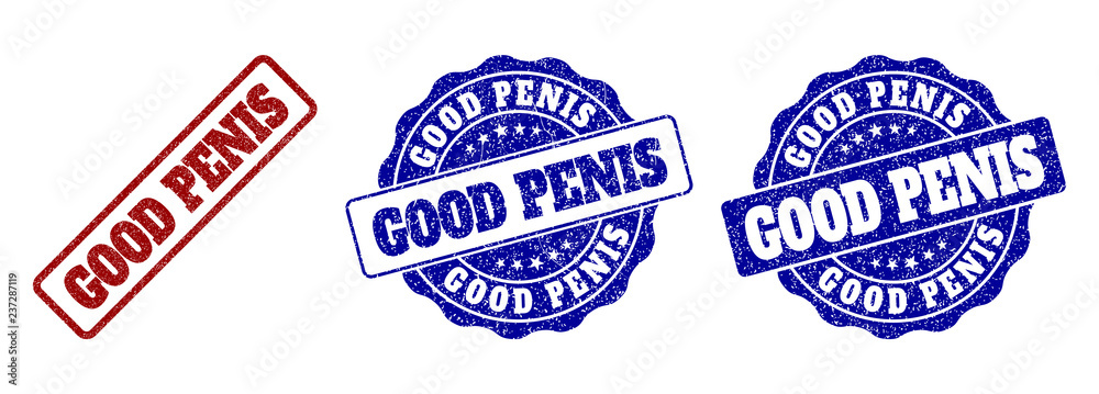 Obraz premium GOOD PENIS grunge stamp seals in red and blue colors. Vector GOOD PENIS labels with distress texture. Graphic elements are rounded rectangles, rosettes, circles and text labels.