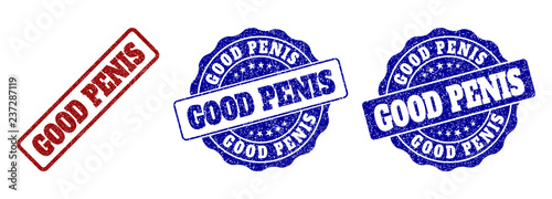 GOOD PENIS grunge stamp seals in red and blue colors. Vector GOOD PENIS labels with distress texture. Graphic elements are rounded rectangles, rosettes, circles and text labels.