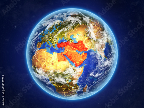 Fototapeta Naklejka Na Ścianę i Meble -  Middle East from space. Planet Earth with country borders and extremely high detail of planet surface and clouds.