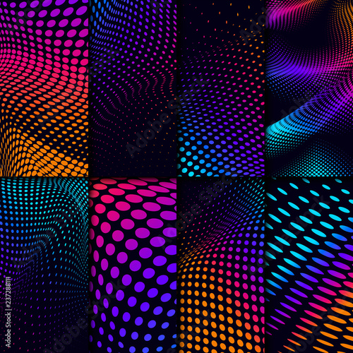 Vibrant halftone on black background vector set