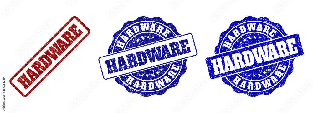HARDWARE grunge stamp seals in red and blue colors. Vector HARDWARE overlays with grunge texture. Graphic elements are rounded rectangles, rosettes, circles and text captions.