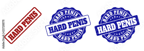 HARD PENIS grunge stamp seals in red and blue colors. Vector HARD PENIS imprints with grunge effect. Graphic elements are rounded rectangles, rosettes, circles and text captions.