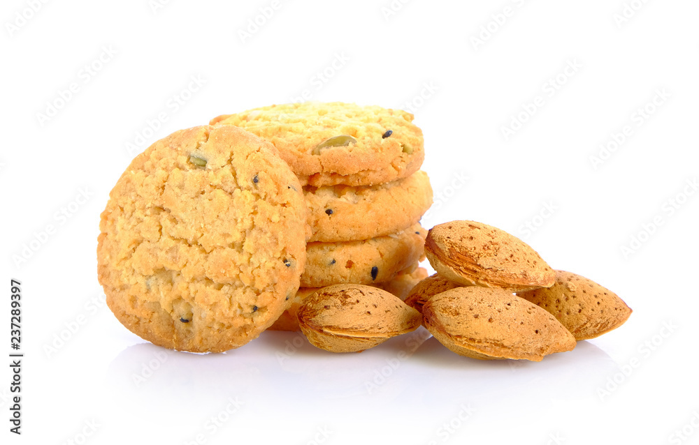 Crackers, grains and almonds on white background Crackers, grains and almonds on white background