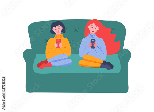 Two girls girlfriend sitting on the couch with smartphones in their hands. Internet addiction. Vector illustration in flat style.