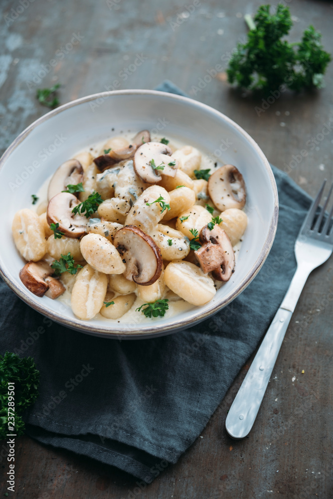 Food: Gnocchi in gorgonzola cream sauce and mushrooms