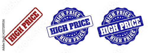 HIGH PRICE grunge stamp seals in red and blue colors. Vector HIGH PRICE labels with dirty texture. Graphic elements are rounded rectangles, rosettes, circles and text labels.