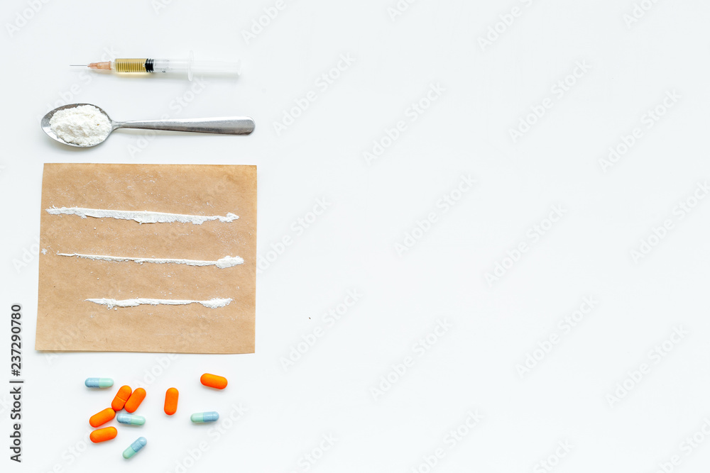 Take drugs, drugs addiction concept. White powder like heroine or