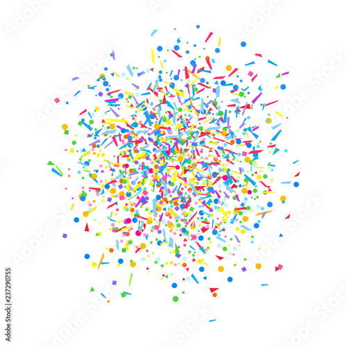 Confetti on isolated white. Texture with falling geometric elements. Colorful abstract background. Pattern for design. Print for polygraphy, banners, flyers and textiles