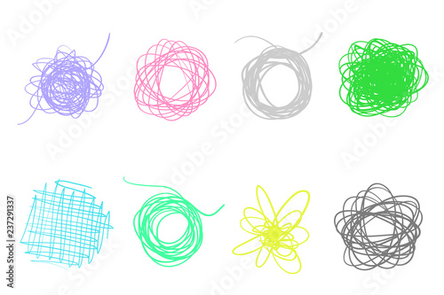 Backgrounds with array of lines. Intricate chaotic textures on white. Wavy backdrops. Hand drawn tangled patterns. Colorful illustration. Elements for posters and flyers