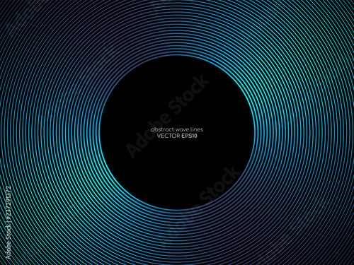 Vector circle lines pattern frame in green blue colors isolated on black background with empty space for your text. Technology, music concept.