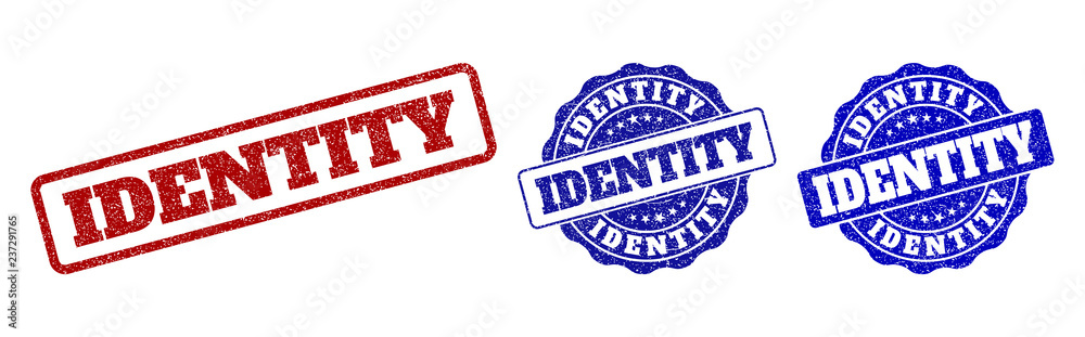 IDENTITY grunge stamp seals in red and blue colors. Vector IDENTITY labels with scratced surface. Graphic elements are rounded rectangles, rosettes, circles and text labels. IDENTITY grunge stamp seals in red and blue colors. Vector IDENTITY labels with scratced surface. Graphic elements are rounded rectangles, rosettes, circles and text labels.