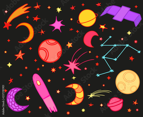 Cosmos elements on isolated background. Collection. Colorful doodles for design. Hand drawn simple space symbols. Line art. Set of different astronomical signs. Art creation
