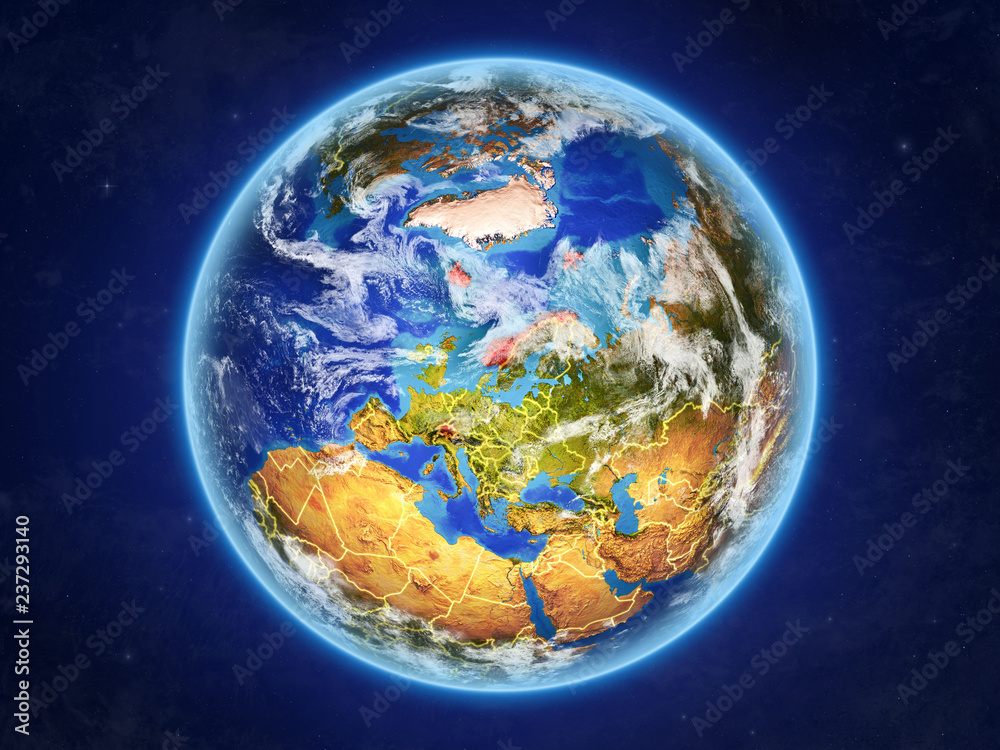 Obraz premium EFTA countries from space. Planet Earth with country borders and extremely high detail of planet surface and clouds.