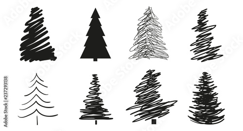 Christmas trees on white. Set for icons on isolated background. Geometric art. Objects for polygraphy, posters, t-shirts and textiles. Black and white illustration