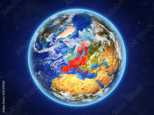 Schengen Area members from space. Planet Earth with country borders and extremely high detail of planet surface and clouds.