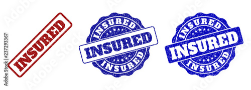INSURED grunge stamp seals in red and blue colors. Vector INSURED imprints with dirty style. Graphic elements are rounded rectangles, rosettes, circles and text labels.