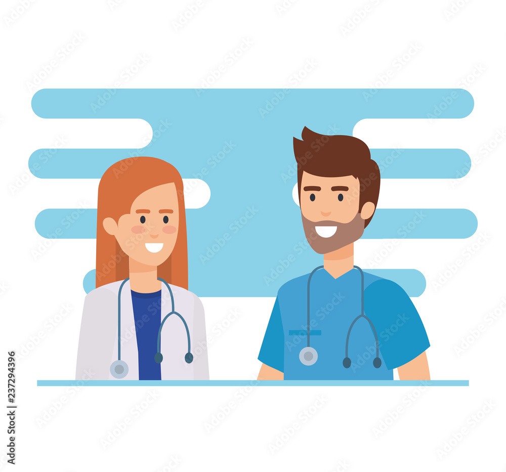 Obraz premium doctors couple with stethoscopes characters