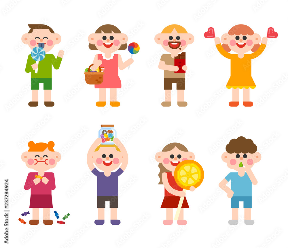 Cute children are eating sweet candy. character illustration set. flat design vector graphic style.