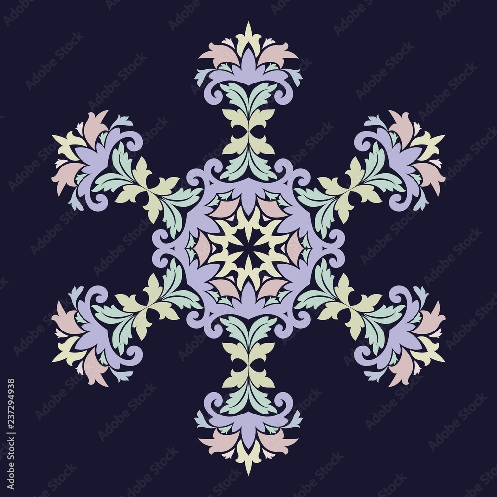 Isolated vector illustration. Abstract floral decor. Ornate six point star or mandala with vintage motifs.