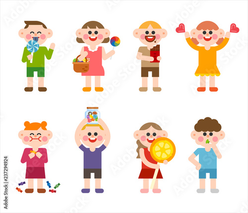 Cute children are eating sweet candy. character illustration set. flat design vector graphic style.