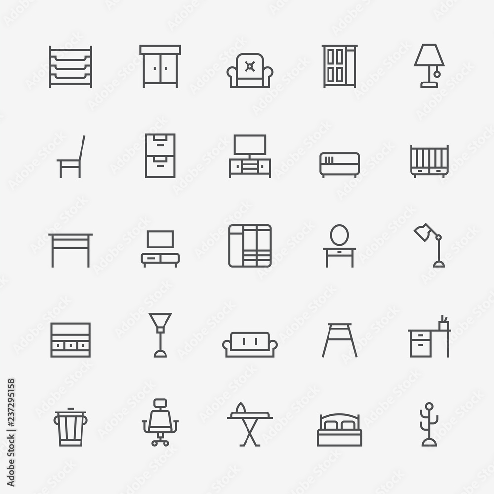 furniture black line icon set. flat design vector graphic style.