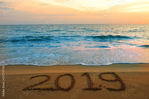 Happy new year concept  2019 put on sand beach in sunrise.